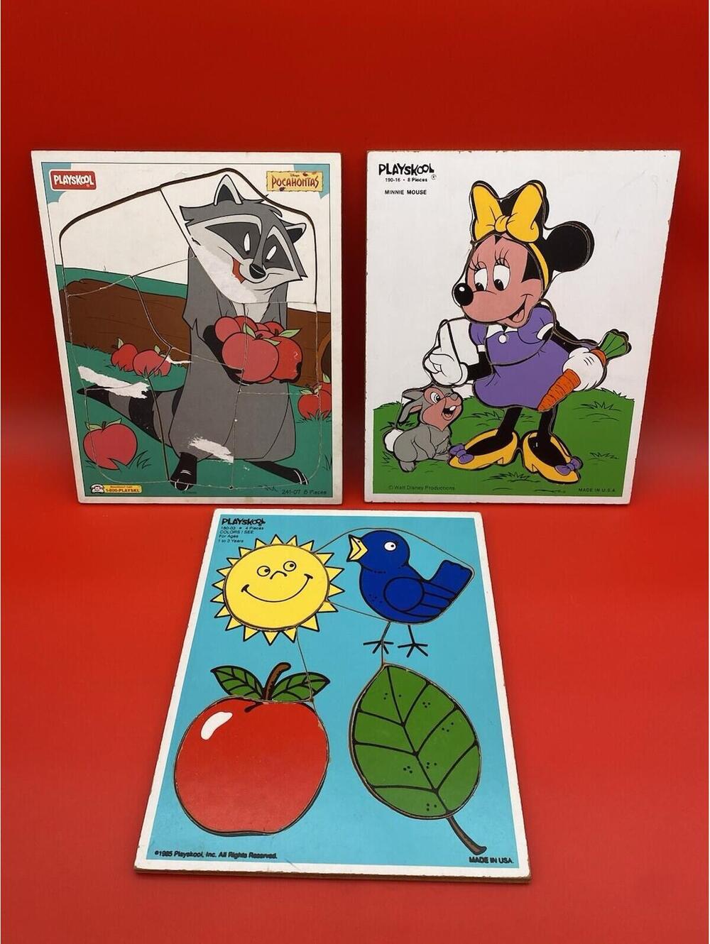Playskool Lot of 3 VTG Wooden Tray Puzzles - Classic, Minnie, Pocahontas